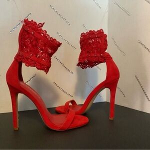 Chic Red Lace Ankle Strap Heels